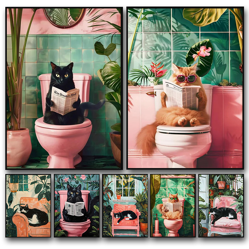 Home Bathroom Pictures - Funny Cat on Toilet Wall Art